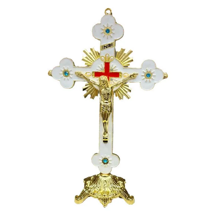 Standing crucifix, white and gold, in a gift box