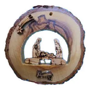 Round bark-edge ornament with nativity