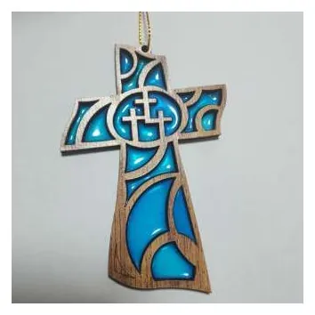 Mosaic cross ornament with blue resin
