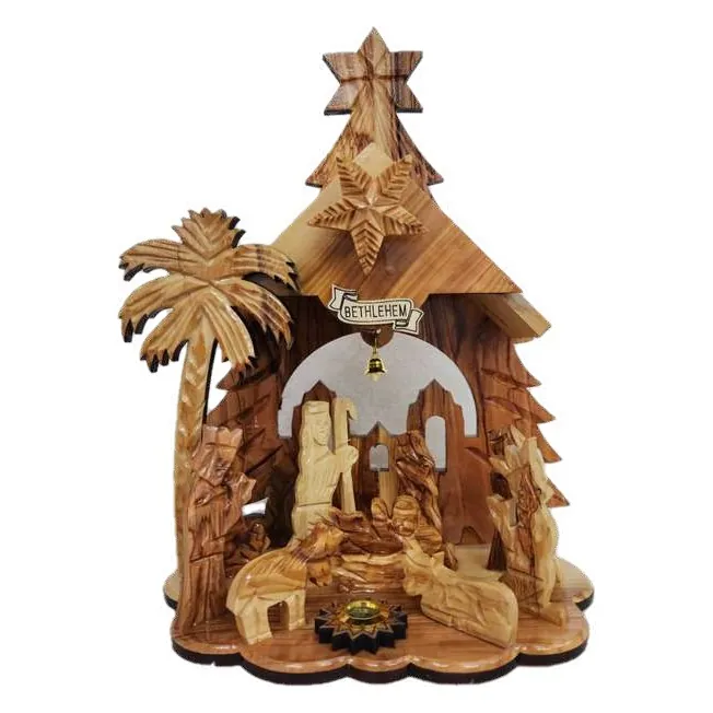 Musical nativity stable with bell and star, large