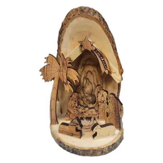 Nativity carved in a natural log