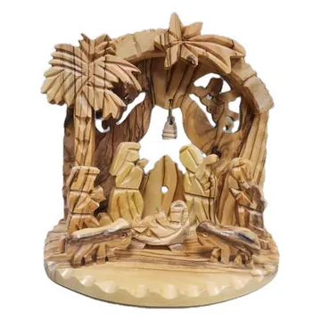 Nativity stable with palms and bell
