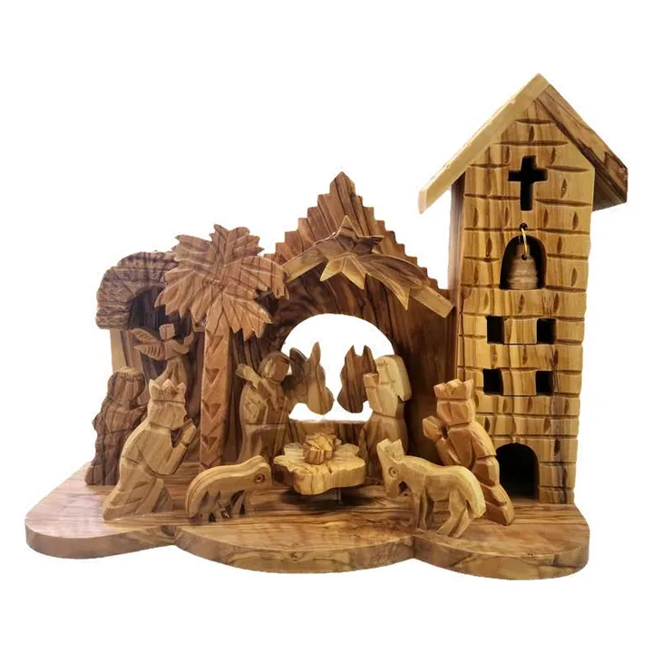 Nativity stable with church bell tower
