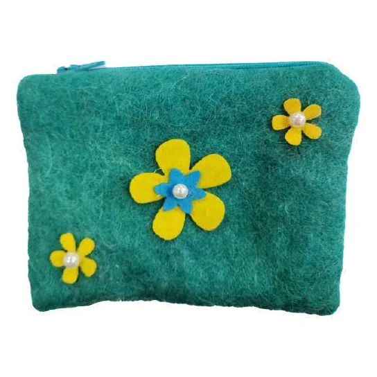 Felt flower pouch, teal