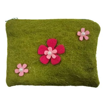 Felt flower pouch, green