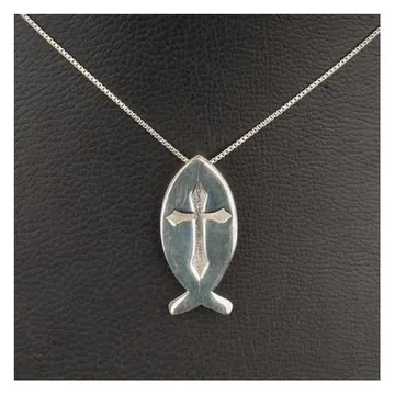 Fish and cross necklace, silver