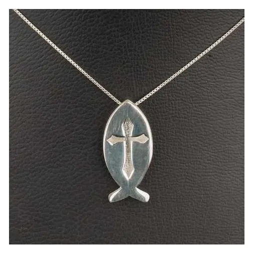 Fish and cross necklace, silver