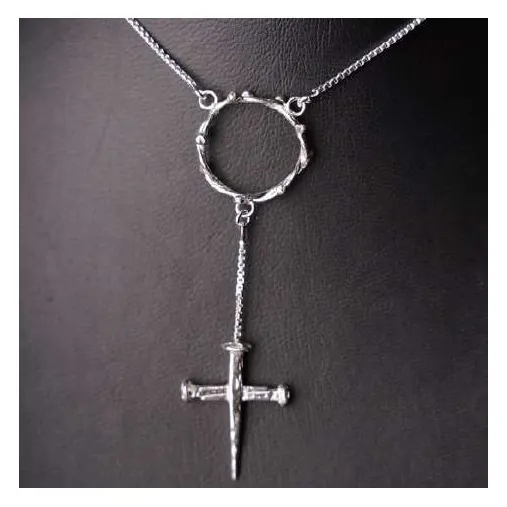 Crown of thorns and nail cross pendant, silver