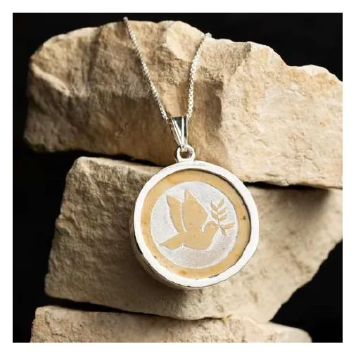 Jerusalem stone pendant, white dove
