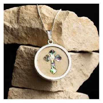 Jerusalem stone pendant, mother-of-pearl cross