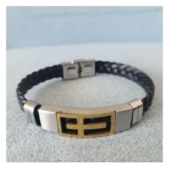Braided leather bracelet with cross plate, black