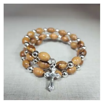 Olivewood bead wrap bracelet with cross