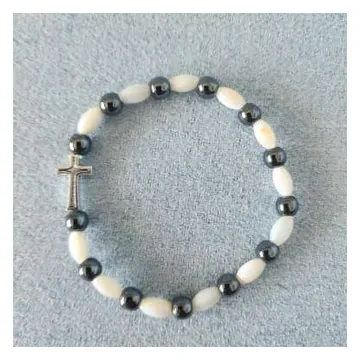 Bead bracelet with cross, white and grey