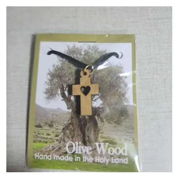 Olivewood cross with heart pendant on cord