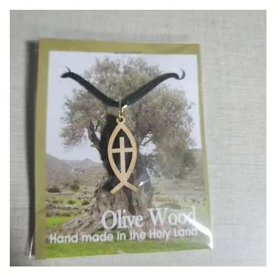 Olivewood fish and cross pendant on cord