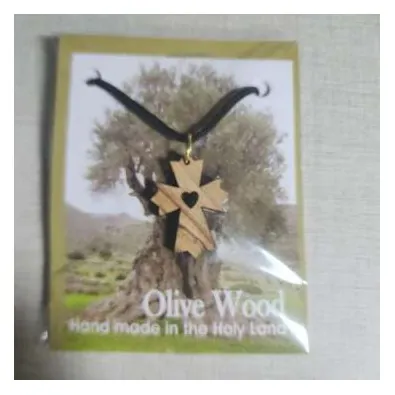 Olivewood cross with heart pendant on cord