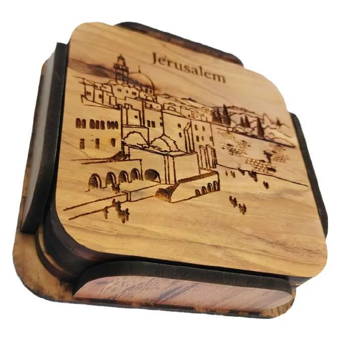 Olivewood coasters, set of 4 (Bethlehem, Nazareth, Tabgha, Jerusalem)