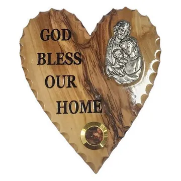 God Bless Our Home heart plaque with Holy Family
